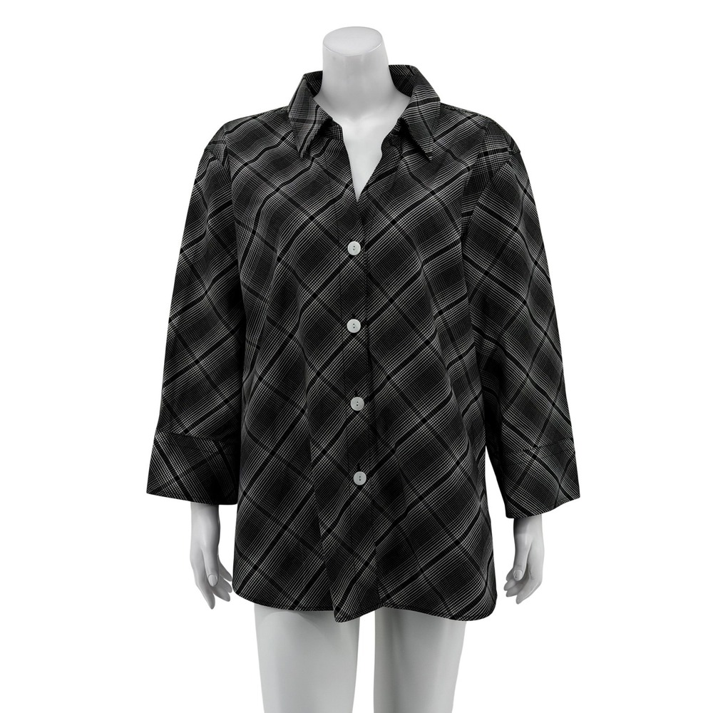 Foxcroft Top Women 22W Black Plaid Button Up Long Sleeve Wrinkle Free Shaped Fit